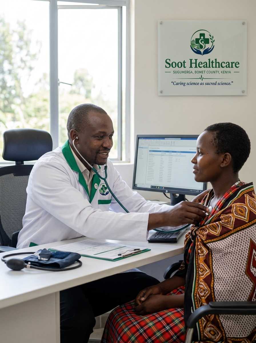 Soot Healthcare doctor examining a patient with stethoscope