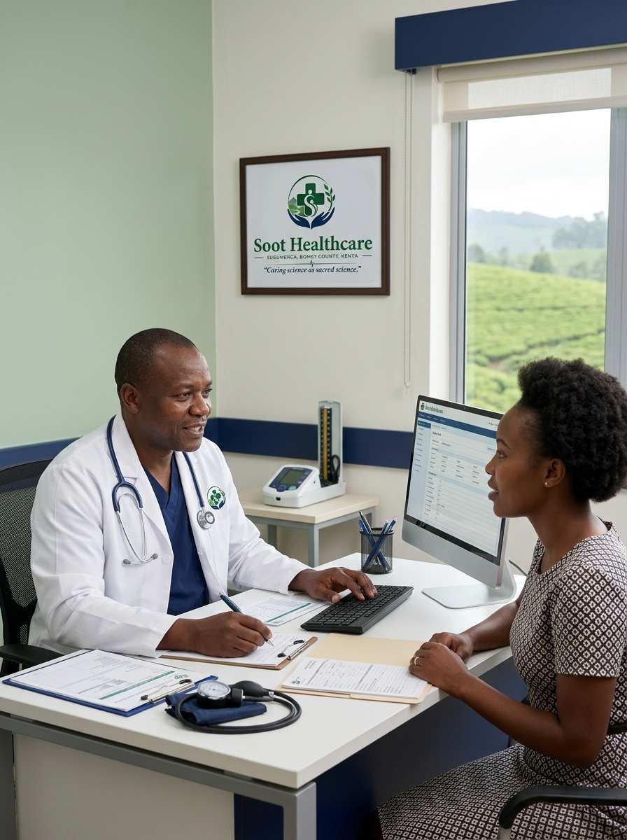 Doctor in consultation at Soot Healthcare with Bomet County tea plantation in the background